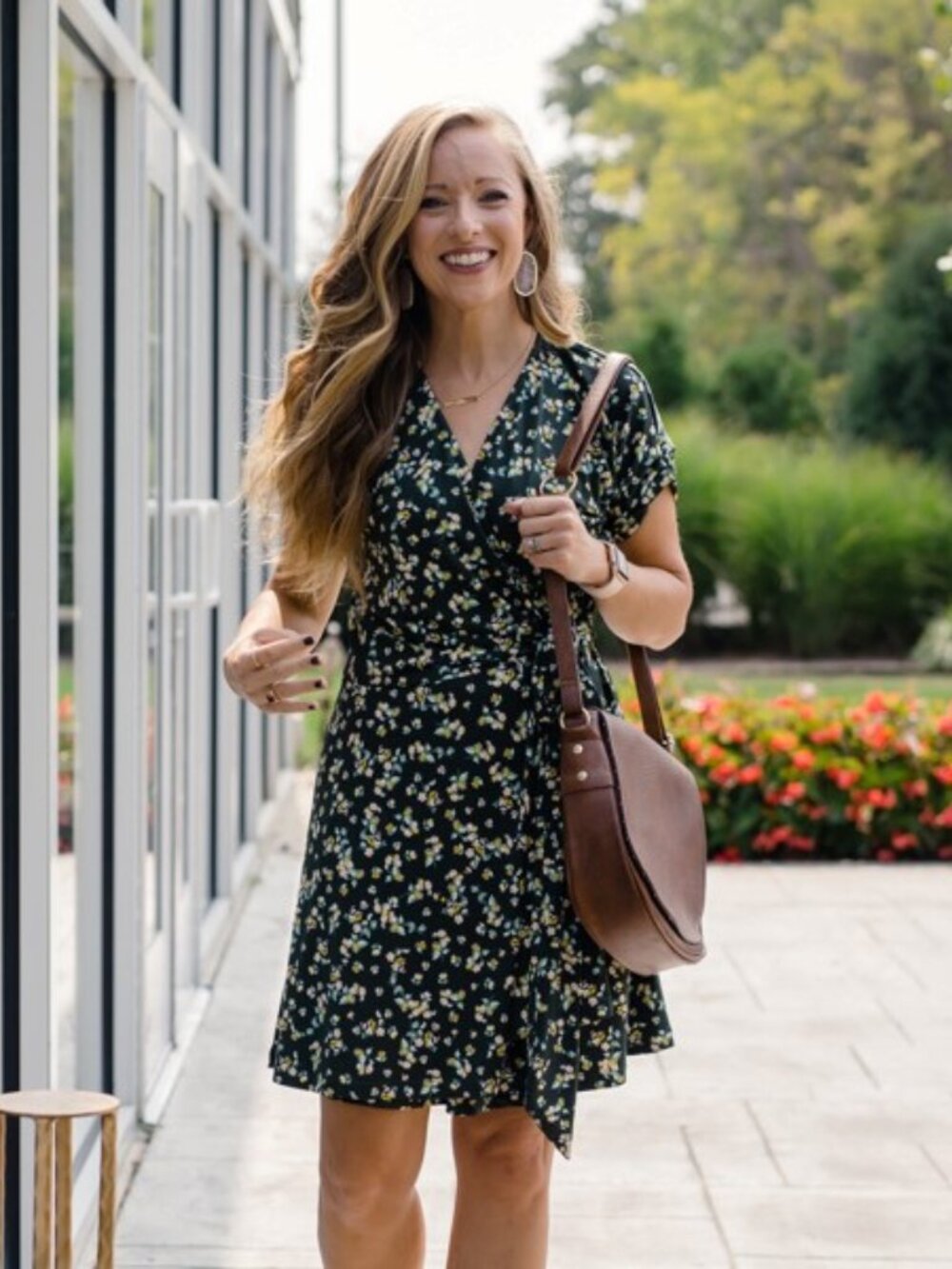 Ethically Made ByTavi Wrap Dress Dark Green + Floral Print NWT